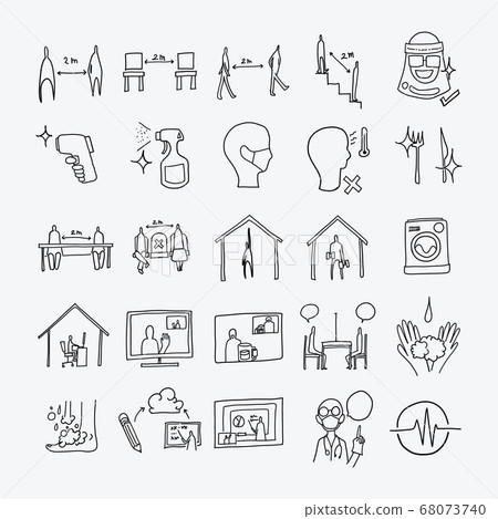 social distancing vector doodle icons set. Drawing social distancing vector doodle icons set. Drawing 68073740