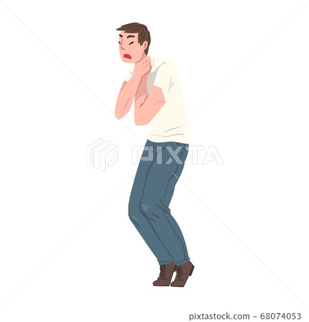 Young Man Holding his Neck Coughing and Choking Vector Illustration on White Background. 68074053