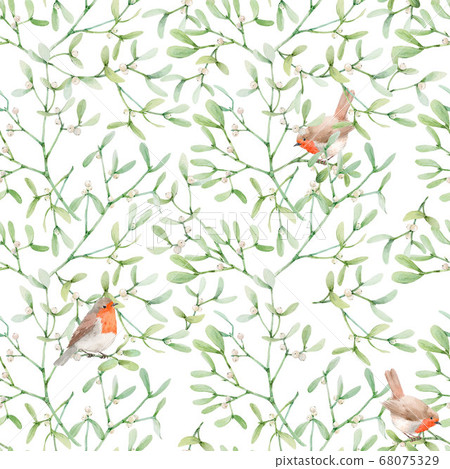 Beautiful seamless pattern with watercolor mistletoe plant leaves with robin birds. Stock illustraqtion. 68075329