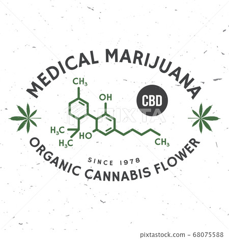 Medical cannabis badge with cannabis leaf, cannabinol molecule . Vector. Vintage typography logo design with cannabis leaf silhouette For weed shop, cannabis, marijuana delivery service 68075588