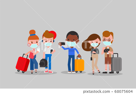 Tourists wearing face masks. cartoon illustration Tourists wearing face masks. cartoon illustration 68075604