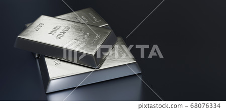 Close up view of Silver bars or ingots in bank vault background. Precious metal.3D illustration Close up view of Silver bars or ingots in bank vault background. Precious metal.3D illustration 68076334