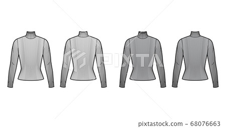 Turtleneck ribbed-knit sweater technical fashion illustration with long sleeves, close-fitting shape.  68076663