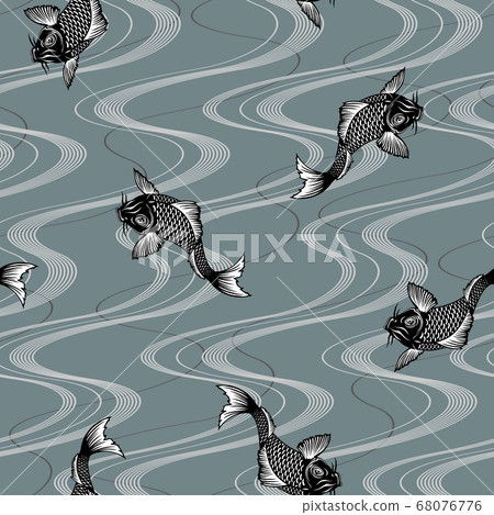 Japanese pattern A continuous pattern of carp and waves, Japanese pattern A continuous pattern of carp and waves, 68076776
