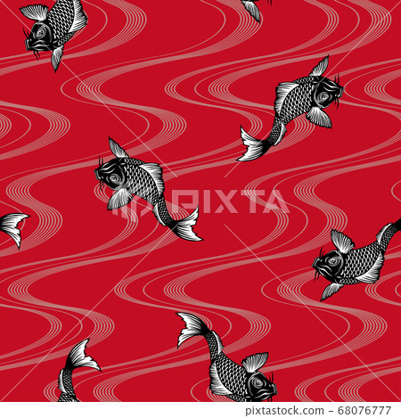 日式鯉魚和海浪的連續圖案， 68076777