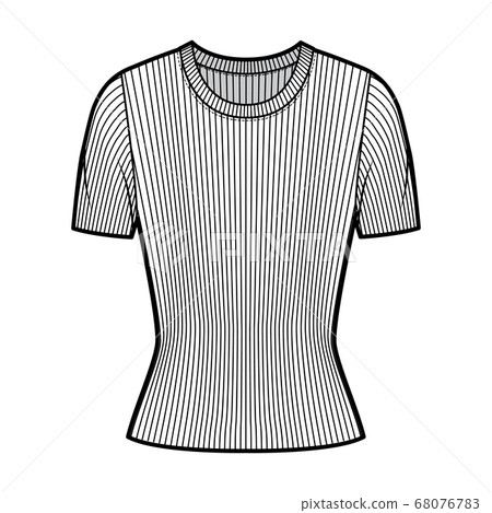 Ribbed crew neck knit sweater technical fashion illustration with short rib sleeves, close-fitting shape. Ribbed crew neck knit sweater technical fashion illustration with short rib sleeves, close-fitting shape. 68076783