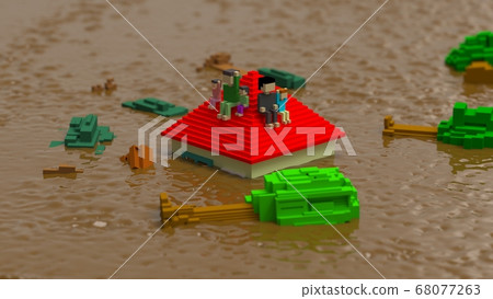 River flooding House submergence Awaiting rescue Flood disaster CG 68077263