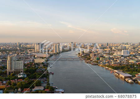 Aerial view of a bridge with Chao Phraya River, Aerial view of a bridge with Chao Phraya River, 68078875