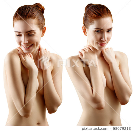 Collage of lovely naked redhead woman covering her breast. 68079218