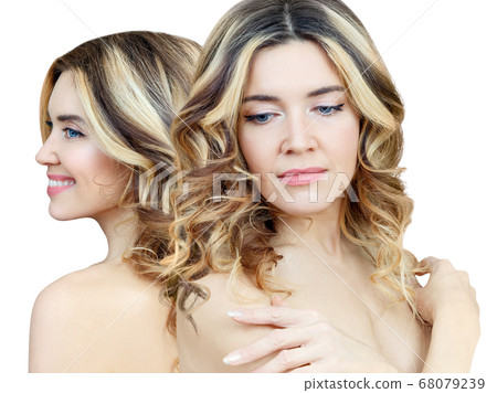 Beauty portrait collage of blonde woman with wavy hair. Beauty portrait collage of blonde woman with wavy hair. 68079239