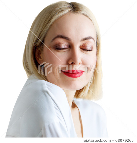 Portrait of beautiful adult woman in white blouse. Portrait of beautiful adult woman in white blouse. 68079263