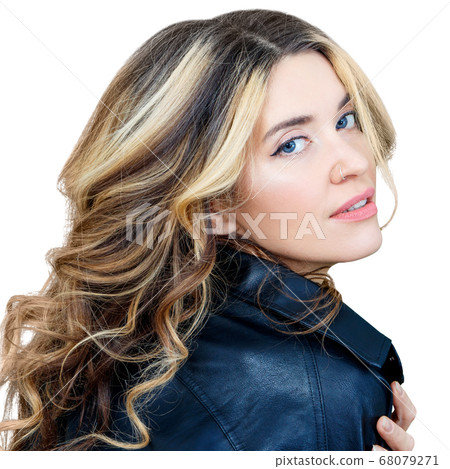 Stylish beautiful woman in black leather jacket and wavy hair. Stylish beautiful woman in black leather jacket and wavy hair. 68079271