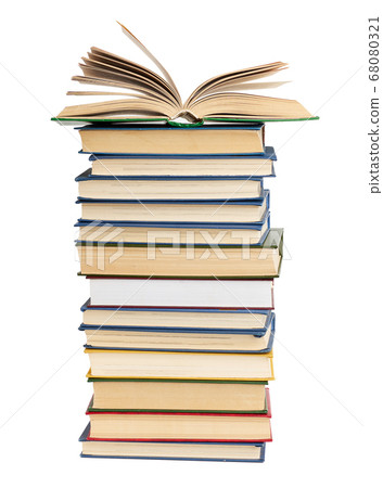 stack of various books, on top an open book, items stack of various books, on top an open book, items 68080321