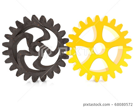 Rusty metal and gold gears on white Rusty metal and gold gears on white 68080572