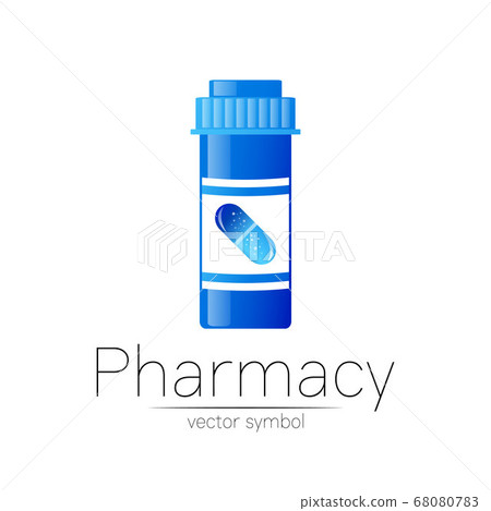 Pharmacy vector symbol with blue pill bottle and capsule tablet for pharmacist, pharma store, doctor and medicine. Modern design vector logo on white background. Pharmaceutical icon logotype . Health Pharmacy vector symbol with blue pill bottle and capsule tablet for pharmacist, pharma store, doctor and medicine. Modern design vector logo on white background. Pharmaceutical icon logotype . Health 68080783