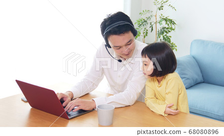 Teleworking man and family Remote work from home Teleworking man and family Remote work from home 68080896