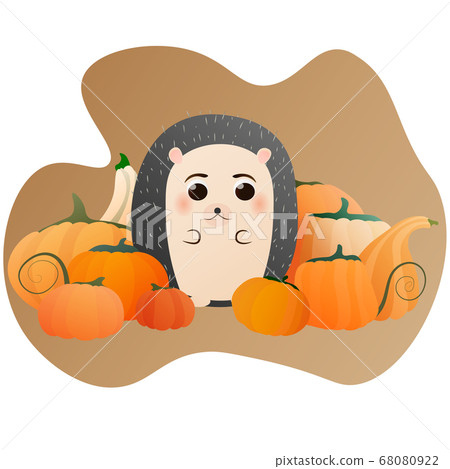 Cute hedgehog character for kids sitting near pumkins, autumn ilustration 68080922
