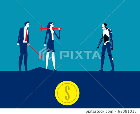 Robot finding gold money with Digger. Business 68081015