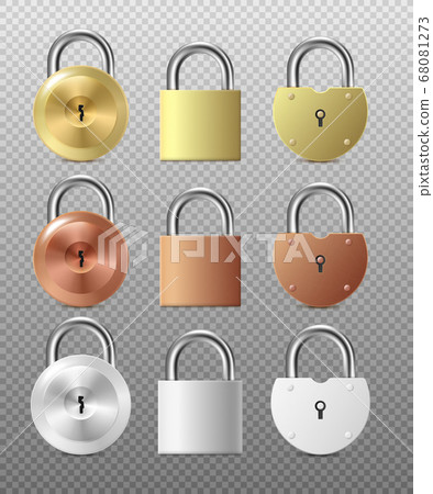 Template of padlocks or door locks in shapes and colors, realistic vector illustration isolated. Template of padlocks or door locks in shapes and colors, realistic vector illustration isolated. 68081273