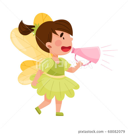Little Girl Character Dressed in Fancy Fairy Costume Talking Megaphone or Loudspeaker Vector Illustration 68082079
