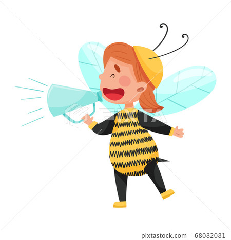 Little Boy Character Dressed in Bee Costume Talking Megaphone or Loudspeaker Vector Illustration 68082081