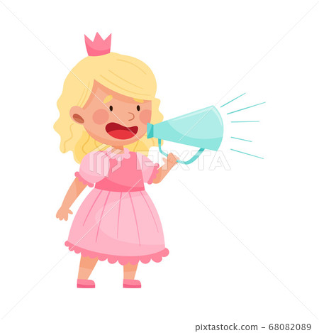 Little Girl Character Dressed in Fancy Princess Costume Talking Megaphone or Loudspeaker Vector Illustration 68082089