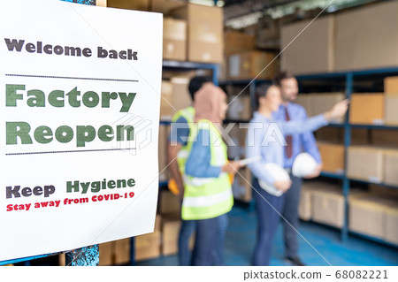 Factory reopen signage after COVID-19 pandemic Factory reopen signage after COVID-19 pandemic 68082221