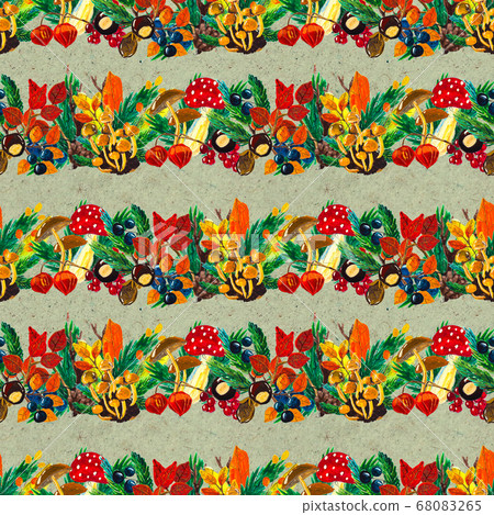 Autumn watercolor hand drawn seamless pattern with leaves mushrooms and pine cones Autumn watercolor hand drawn seamless pattern with leaves mushrooms and pine cones 68083265
