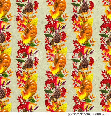 Autumn watercolor hand drawn seamless pattern with leaves mushrooms and pine cones Autumn watercolor hand drawn seamless pattern with leaves mushrooms and pine cones 68083266