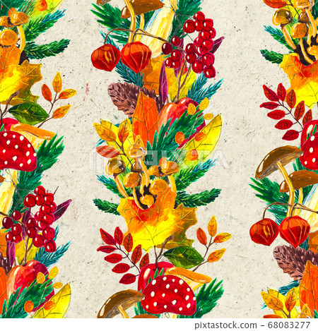 Autumn watercolor hand drawn seamless pattern with leaves mushrooms and pine cones 68083277