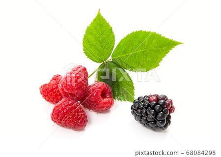 Ripe raspberries with leaf and blackberry isolated 68084298