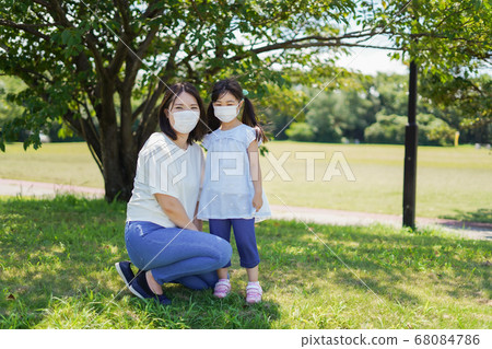 A mother wearing a mask for her child 68084786