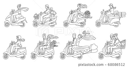 Cartoon people riding scooters - flat colorless set of couples and others Cartoon people riding scooters - flat colorless set of couples and others 68086512