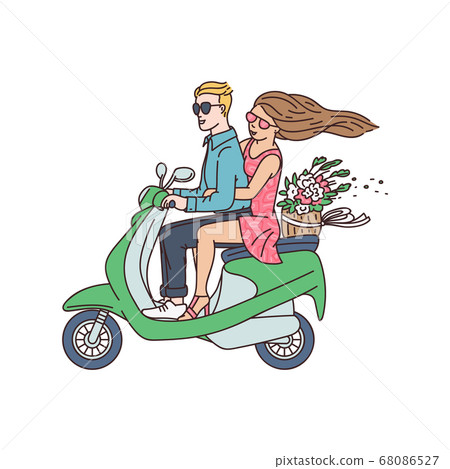 Couple of bikers riding motorcycle sketch cartoon vector illustration isolated. 68086527