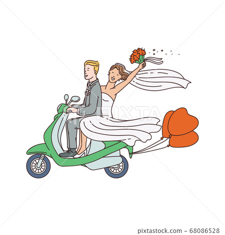 Just married couple on motorbike or moped sketch vector illustration isolated. 68086528
