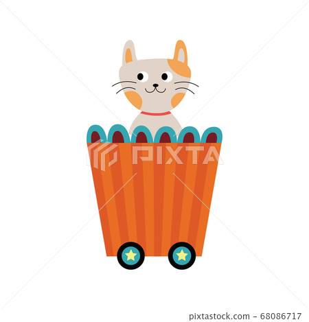 Cute cat character in children railway wagon flat vector illustration isolated. 68086717
