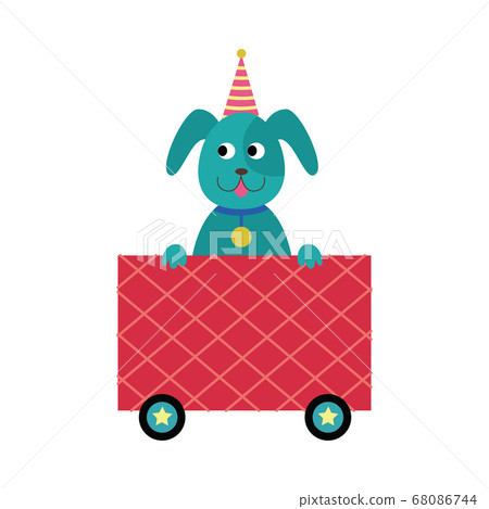 Dog in birthday hat in children railway carriage, vector illustration isolated. 68086744