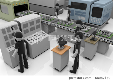 在工廠工作的人。操作機器。做精密設備。 3D插圖 在工廠工作的人。操作機器。做精密設備。 3D插圖 68087149