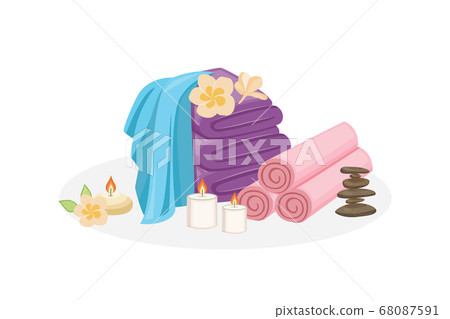 SPA and relaxation bath objects - fresh towel stack with candles, flowers SPA and relaxation bath objects - fresh towel stack with candles, flowers 68087591