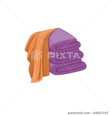 Isolated stack of clean purple towels and brown washing cloth draped over them. Isolated stack of clean purple towels and brown washing cloth draped over them. 68087597