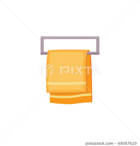 Clean yellow towel hanging on metal rail fixture isolated on white background 68087620