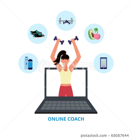 Online coach banner - female personal fitness trainer coming out of laptop 68087644