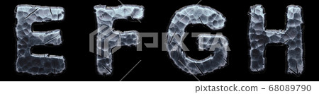 Set of capital letters E, F, G, H made of forged metal isolated on black background. 3d 68089790