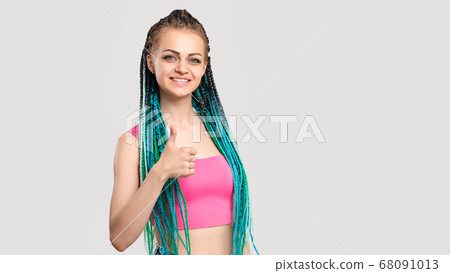 woman blue braids like sign colorful hair thumb up 68091013