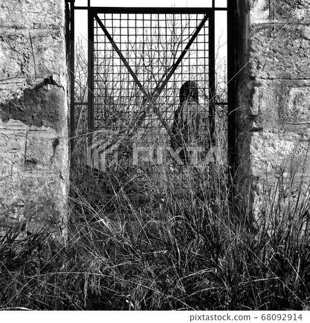 man behind vintage metal door and overgrown plants man behind vintage metal door and overgrown plants 68092914