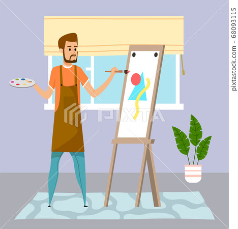 Artist holding palette drawing abstract picture at easel, creative quarantine isolation at home 68093115