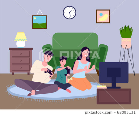 Happy family plays video games at home due to quarantine. Fun time on day off. Flat illustration Happy family plays video games at home due to quarantine. Fun time on day off. Flat illustration 68093131