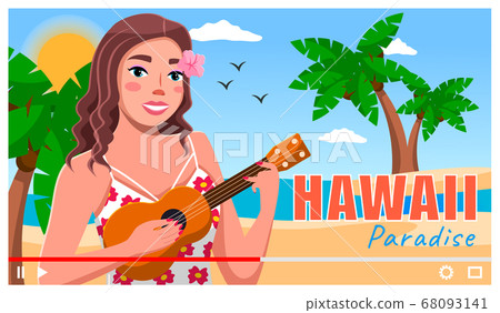 Videoplayer concept, girl with guitar at sea beach background, song hawaii paradise, video saver 68093141