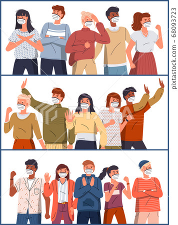 Set of illustrations with crowd of people in face medical masks protesting against world epidemic 68093723