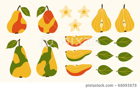 Red, green, yellow pears. Wholes and pieces of fruit. Green leaves of a pear tree. Lovely beige stars. Set of isolated elements for design. 68093878